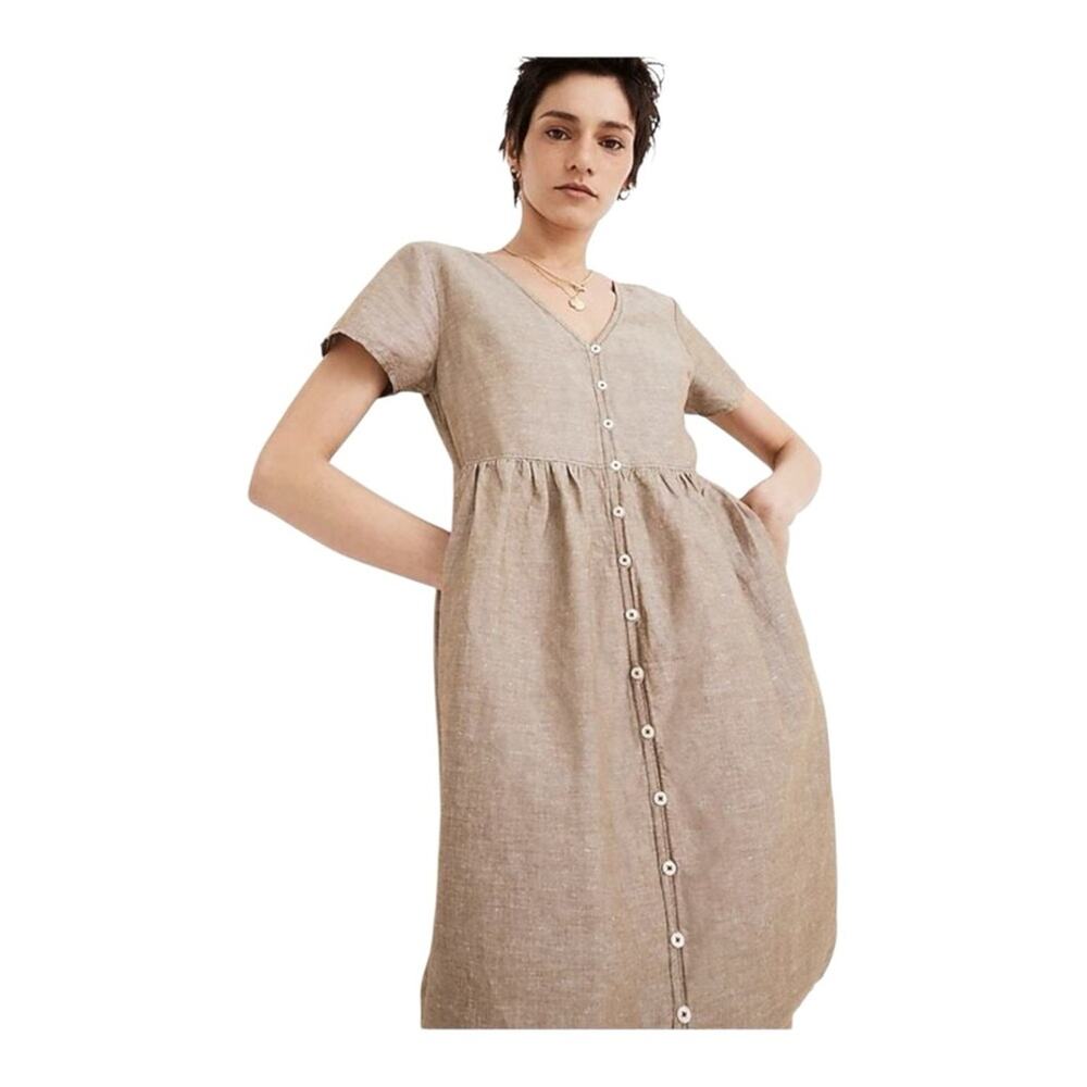 Madewell Linen Blend Alexandra Button Front Summer Babydoll Mini Dress